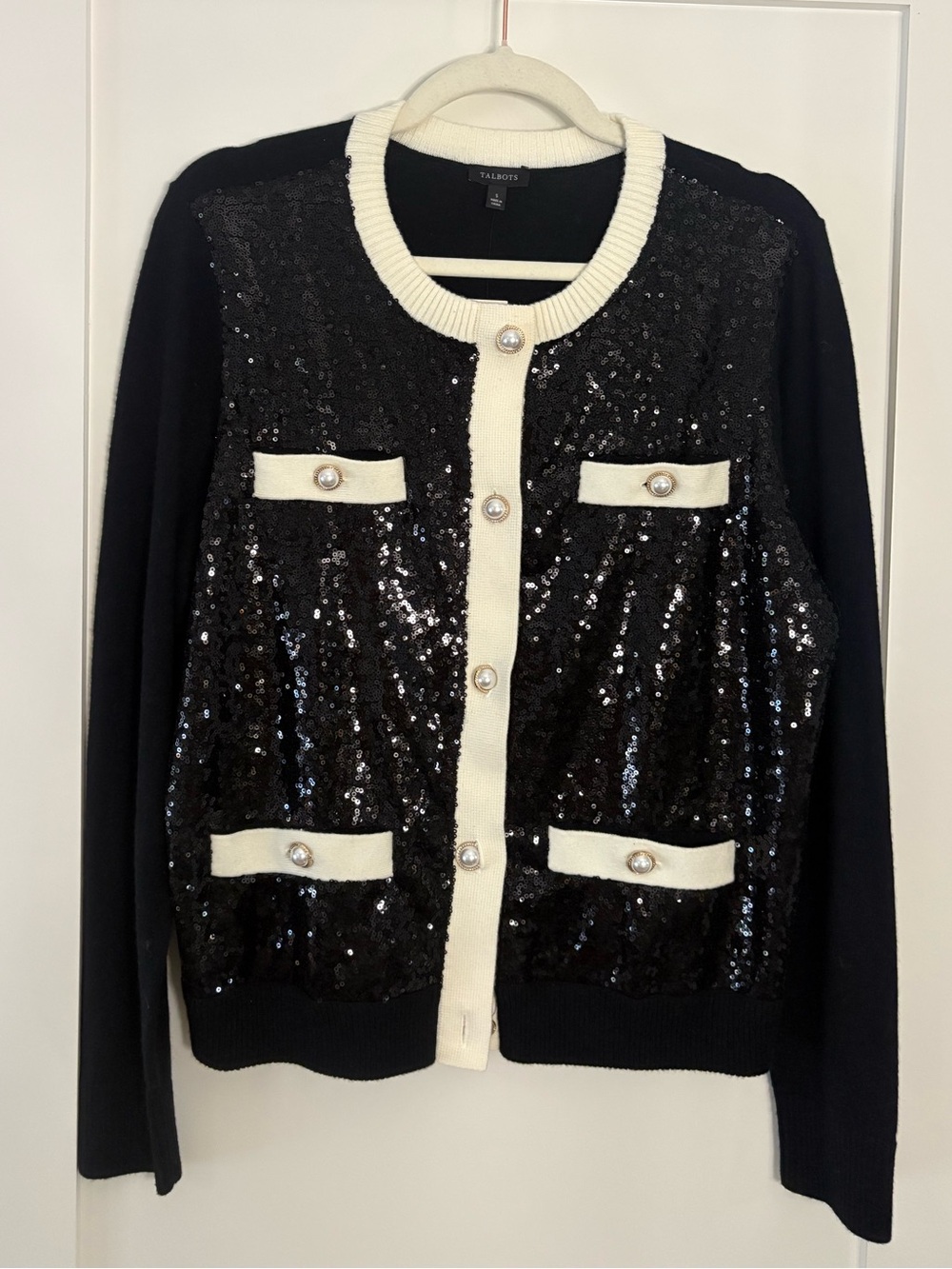 NWT Talbots Black Ivory Sequin Pearl Button Cardigan Sweater Small Retail $219